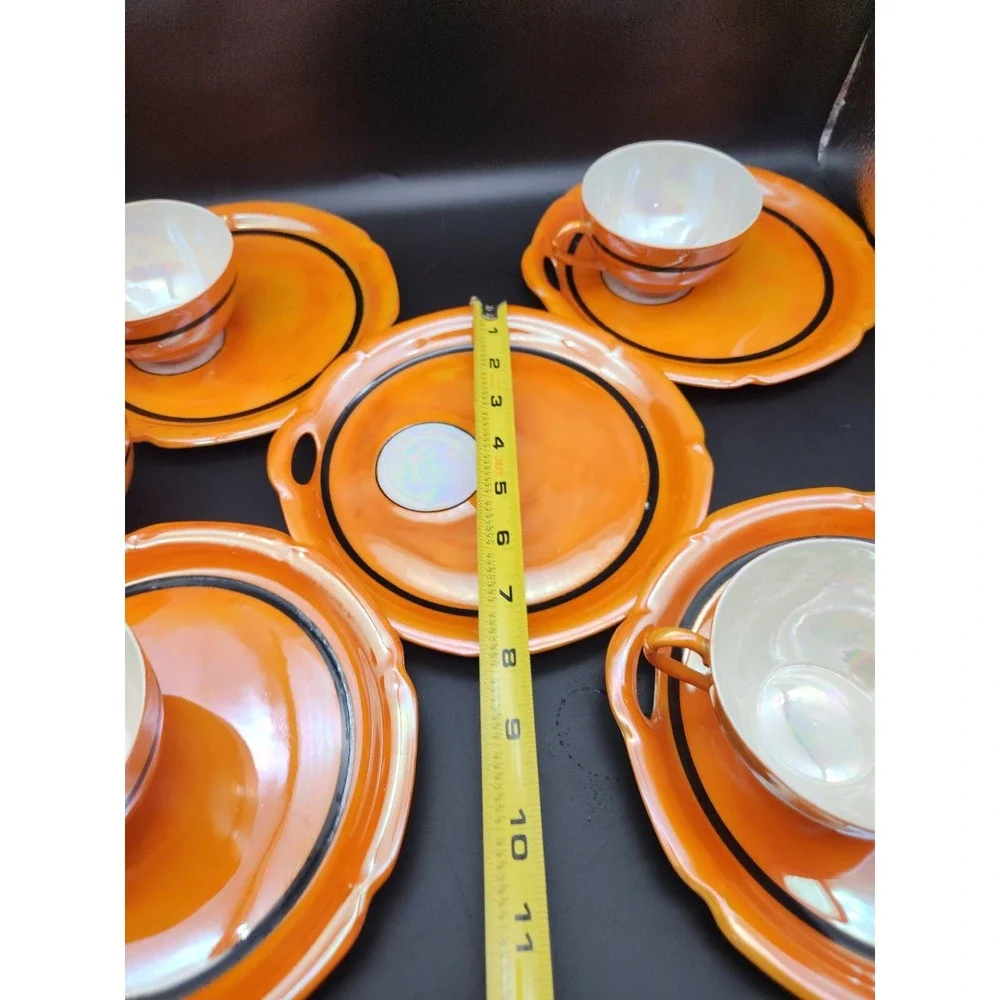 Rudolph Wachter RW Germany Orange Iridescent‎ 5 Porcelain Tea Cups Saucer Plates